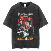 Anime Washed Tshirt Attack on Titan Printing Short Sleeve T Shirt 100% Cotton Black Shirt Eren Streetwear Vest Oversized T-shirt - Animehouse